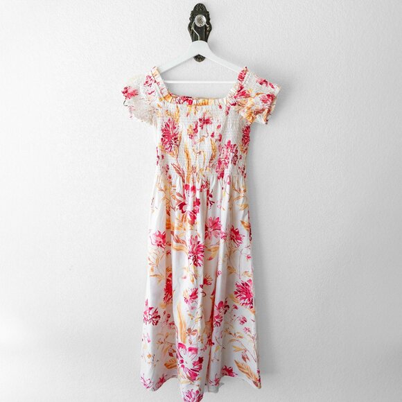 H&M Cream Floral Dress Size Medium Smocked Off-Shoulder Short Sleeve Midi - Picture 8 of 8